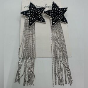 Black Star Earrings with Silver Fringes